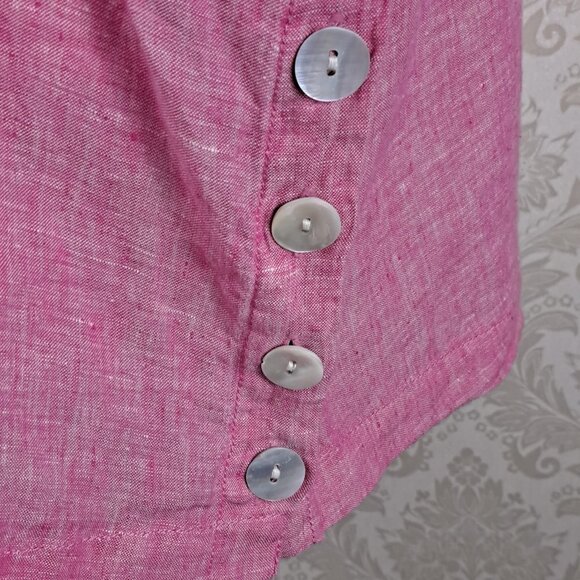 Tahari Size 1X 100% Linen Pink Blouse 3/4 Sleeve Collared V-Neck Side Buttons - Picture 3 of 10